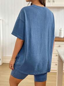 SHEIN Maternity Two Pieces Suits,Mother's Day,Blue Maternity Two Pieces , Letter Print Oversized T Shirt Oversized T Shirt Women T Shirts Oversized Oversized T Shirts - Blue - View 2