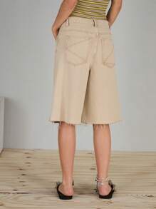 COUREZ 低腰中长牛仔短裤/女士夏季穿搭/夏季短裤/街头休闲/Y2K纯棉复古风 - 杏色 - 查看 3