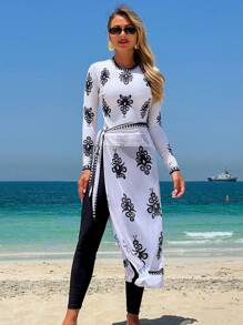 Swim Mulvari Women's Vintage Boho Pattern Mesh 3 Pieces Set - Long Sleeve Cover-Up, Long Pants, And Bikini Bottom, Elegant Casual Outfit For Spring/Summer Holiday, Beach Party - Multicolor - View 5