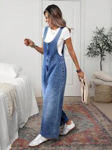 EMERY ROSE Loose Casual No Stretch Zipper Pocket Washed Denim Bib Overall Wide-Leg Pants - Dark Wash - View 2