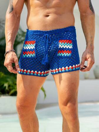 Manfinity Swimmode Men's Holiday Contrast Color Pocket Lace-Up Hollow Out Shorts Crochet  Men Swim Trunks