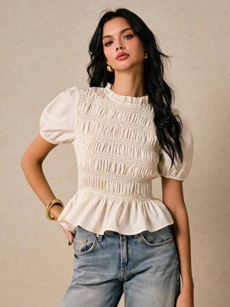 Poéselle 女士衬衫 褶皱衬衫 收腰荷叶边 杏色衬衫 可爱衬衫 女士纯色短袖衬衫，时尚夏季衬衫 Y2k 街头服饰 外出装 休闲女装 夏季女式上衣 波西米亚风上衣