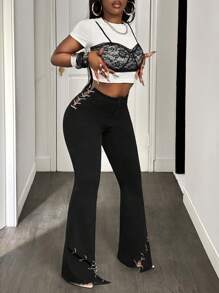 BamGleam Women's Fashionable Casual Sexy Unique Chain & Iron Ring Flare Leg Jeans