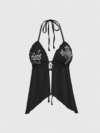 Y2K Style Sexy Gothic Cross Print Rhinestone Embellished Halter Camisole