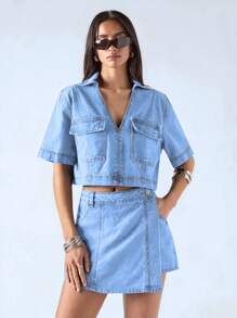 LYSMO Camicia di jeans a maniche corte da donna, alla moda per l'estate