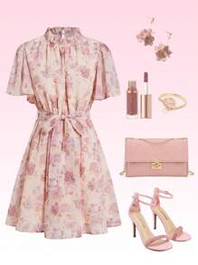 Ellevyn Women's Elegant Floral Print Frill Trim Neck Midi Dress, Summer Classy Outfits For Women Summer Dresses For Women