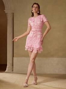 MOTF PREMIUM GUIPURE LACE ZIPPER BACK DRESS - Pink - View 6