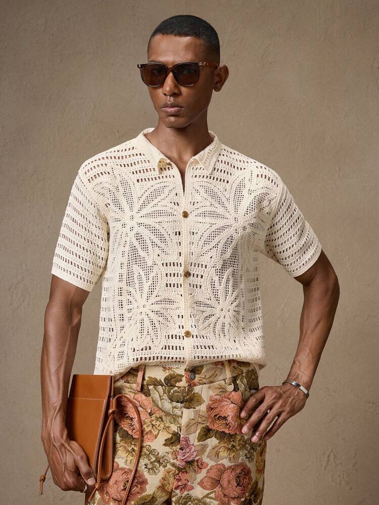 Men's Knitted Crocheted Palm Tree Pattern Casual Loose Short Sleeve Knit Shirt, Apricot Color Suitable For Summer, Vacation, Daily Matching, Party, Couple Wear, Men's Gift, Beach, Father's Day Gift