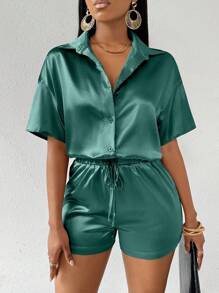 Breezaya Ladies' Solid Color Front Button Short Sleeve Top And Pocketed Shorts Set, Perfect For Festivals, Beach Vacations, Summer