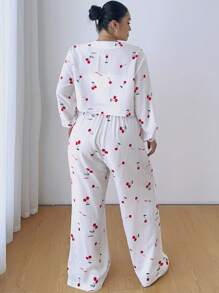 POPSWAY 2pcs/Set Sweet Cherry Print Casual Lounge/Home Wear, Cute & Comfy - Red and White - View 2