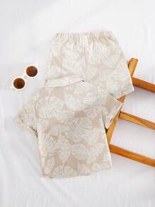 Cozy Pixies 2pcs Baby Boy Plant Floral Pattern Lapel Short Sleeve Cardigan & Elastic Waist Shorts Set