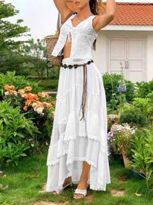 SHEIN VCAY Minigonna asimmetrica con vita elastica e pizzo a contrasto, per vacanze estive, abbigliamento estivo da donna