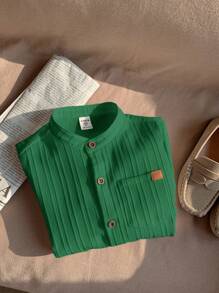 SHEIN LMoss Kids Áo sơ mi cổ bẻ cơ bản thường ngày cho bé trai LMoss có túi, thoải mái và thoáng khí - màu xanh lá - Xem 5