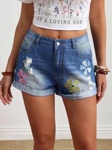 Breezaya Women Floral Embroidered Pocket Cuffed Casual Denim Shorts - Blue - View 10
