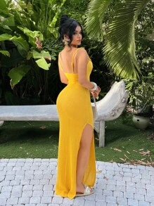 SHEIN SXY 黄色无袖高开衩连衣裙，夏季，女式加大太阳裙，黄色，海岛度假装，泳池派对装，夏装，女士沙滩装，女士度假装，波西米亚风女装，女士早午餐装，女士邮轮装，露肩连衣裙，女士夏威夷装，女士性感装，伊比沙岛装 - 黃色 - 查看 2