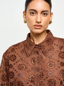 AiiRZ Broderie Anglaise Oversized Shirt With Back Cinched Waist Button Detail - Coffee Brown - View 6