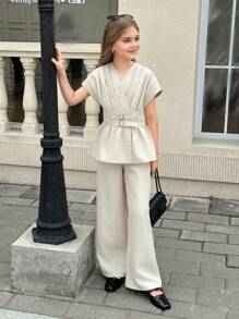 SHEIN 青少年女孩宽松落肩裹腰上衣和裤子优雅两件套 - 杏色 - 查看 3