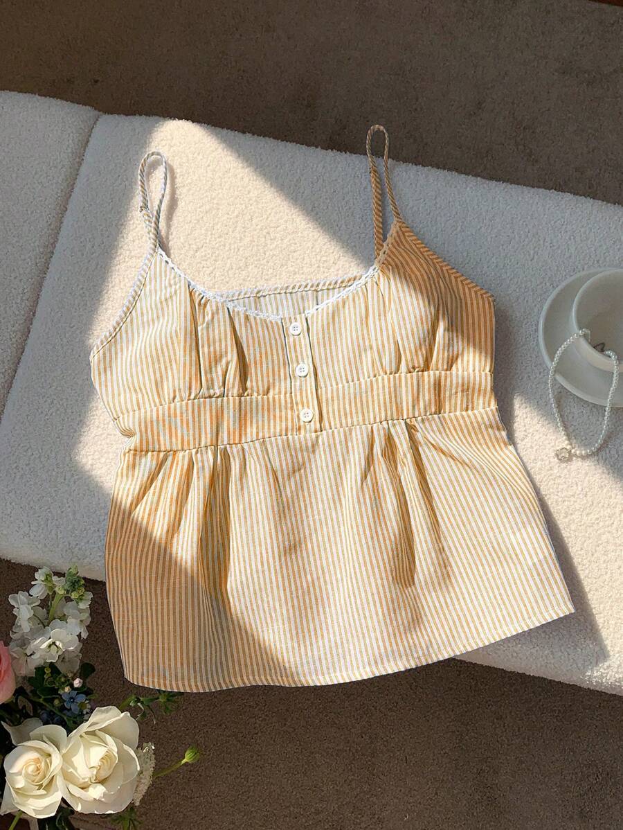 Comfortcana 女式条纹纽扣设计休闲宽松吊带背心 - 黃色 - 查看 1