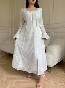 Modelyn Plus Size Elegant Solid Color Jacquard Flare Sleeve Dress - White - View 6
