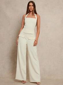 SHEIN PETITE 2pcs/Set Women's Apricot Woven Back Tie Backless Fitted Waist Jumpsuit With Straight Wide Leg Pants, Suitable For Office, Commute, Dating, Summer Women Dresses Birthday Women S 2 Pieces Outfits Woman Pants Suit - Apricot - View 6