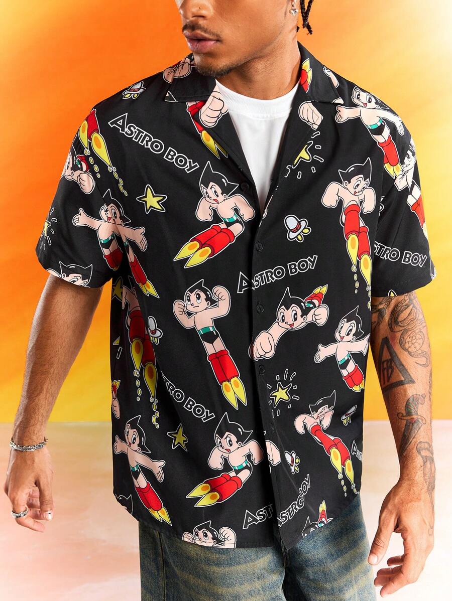 Astro Boy X SHEIN Men's Summer Casual Cartoon Pattern Front Button Short Sleeve Shirt - Black - View 1