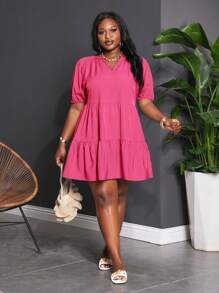 Slaydiva 大码女式宽松休闲度假纯色蓝色灯笼袖荷叶边拼接A字娃娃裙，吊带裙，夏季女装 - 玫紅色 - 查看 5