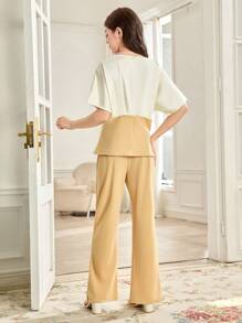 SHEIN 2 piezas Pantalones acampanados con diseño asimétrico plisado y abertura frontal en color albaricoque para chicas adolescentes, conjunto elegante para chicas adolescentes