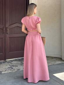 EURMUSE Women's Vacation Set  Shoulder Ruffled Crew Neck Top And Ruffled Maxi Skirt With Pleat. Chic And Cozy - Baby Pink - View 4