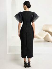 Modelyn Ruffle Sleeve Jacquard Textuur Slanke Jurk Lange Avondjurken