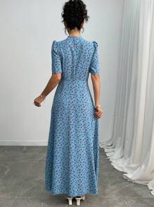 Modelyn Vestido elegante con manga corta de mujer con estampado floral tejido, panel de tela de contraste, botones delanteros y cintura ceñida