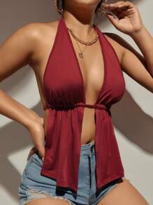 SHEIN SXY Áo hai dây Lộ Lưng Buộc lại màu trơn Gợi cảm - Màu Đỏ Sâu - Xem 6