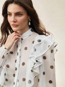 Anewsta 新品春夏真丝荷叶边袖度假衬衫，波点印花中式领泡泡袖衬衫 - 杏色 - 查看 4