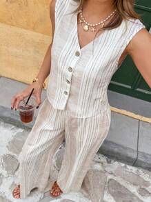 Serisse 女士通勤条纹背心套装两件套日常装夏季女装2件套女士商务休闲女装 - 杏色 - 查看 3