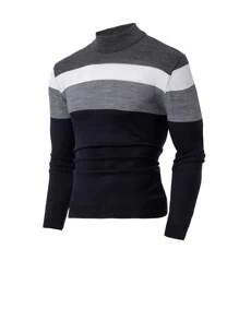 EURMUSE Homme Pull col rond régulier décontracté en couleur contrastée - Bleu marine - Voir 3