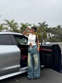 SHEIN EZwear Women's Drawstring Waist Pockets Wide Leg Loose Casual Versatile Jeans