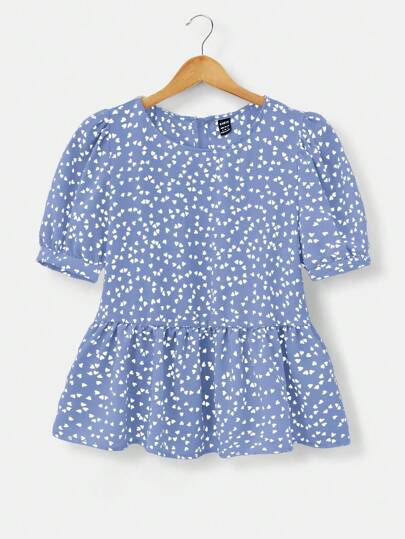 SHEIN VCAY 休闲编织心形全印花泡泡袖衬衫