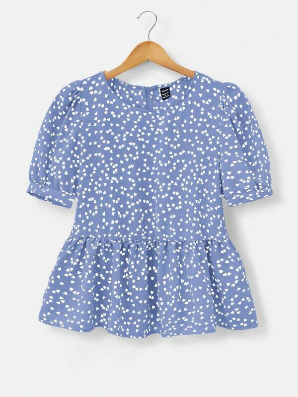 SHEIN VCAY Casual Woven Heart All-Over Print Puff Sleeve Shirt