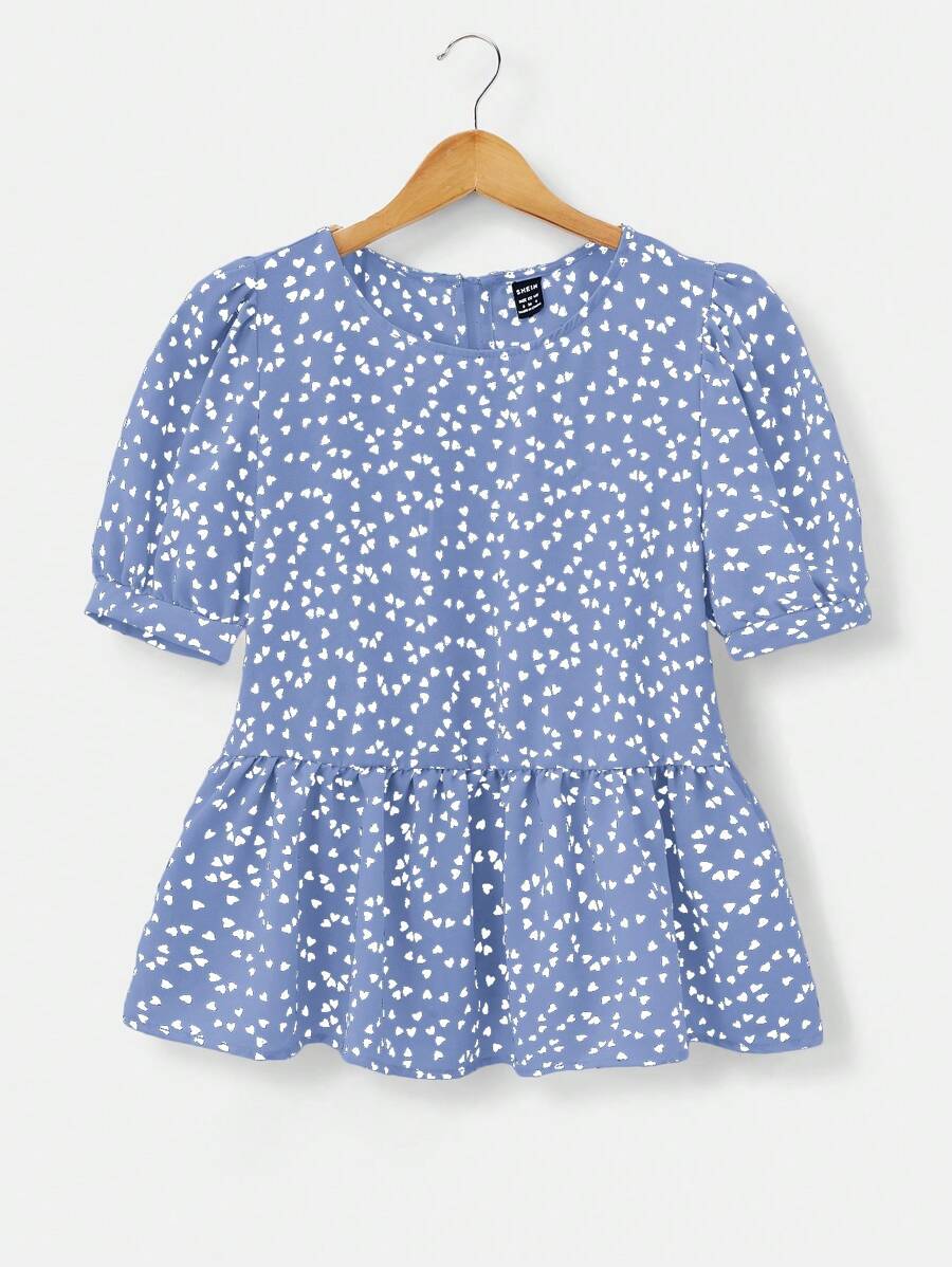 SHEIN VCAY 休闲编织心形全印花泡泡袖衬衫