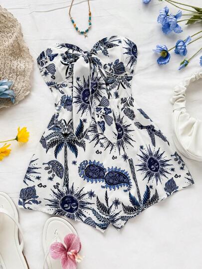 Soleia 女士度假巡航夏季派对连体裤，蓝色水彩剪影印花，正面扭纹细节，宽松版型，适合派对、约会、情人节，可内外穿着