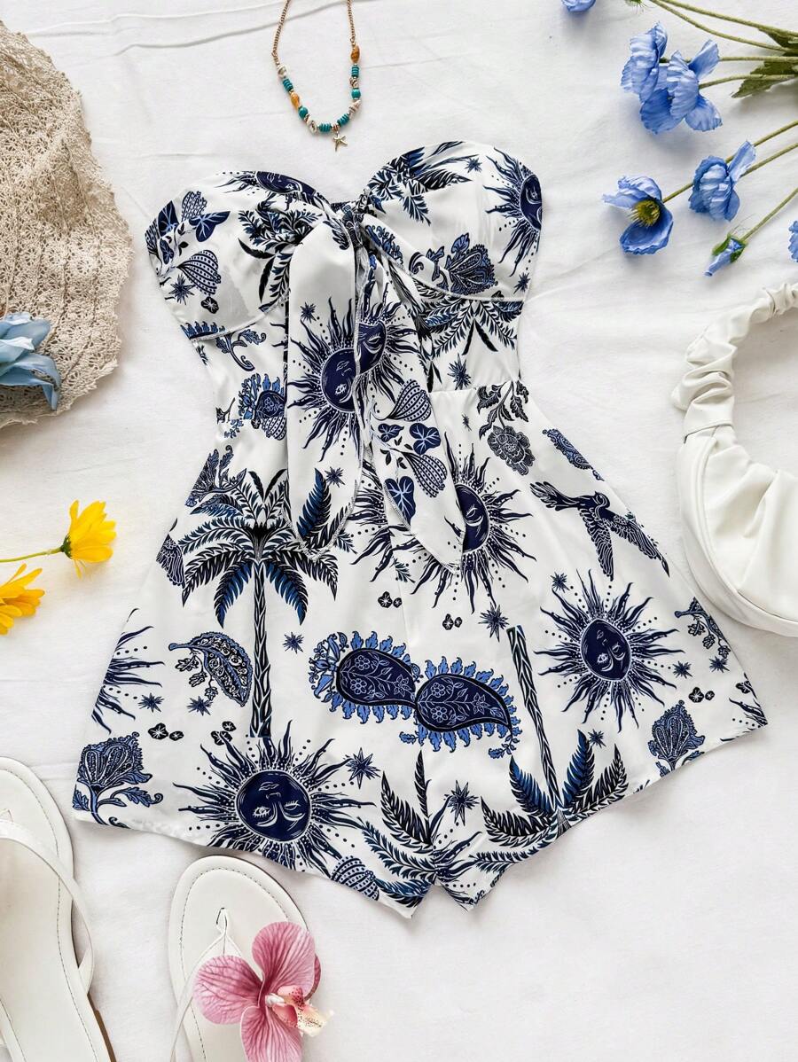 Soleia 女士度假巡航夏季派对连体裤，蓝色水彩剪影印花，正面扭纹细节，宽松版型，适合派对、约会、情人节，可内外穿着 - 彩色 - 查看 1