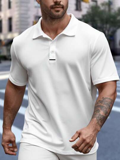 Manfinity Homme 2025 Spring-Summer New Men's Plus Size White Casual Short Sleeve Polo Shirt, Showcasing Relaxed Modern Style, Mature Casual, Suitable As A Gift For Boyfriend Or Husband