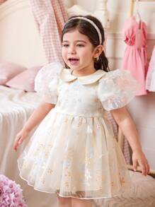Baby Girl Elegant Cute Apricot Mesh Embroidered Peter Pan Collar Summer Dress Outfit