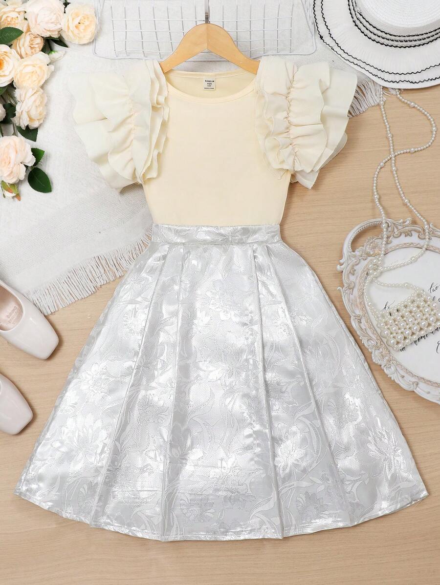 Conjunto coordinado con top de manga corta con volantes y falda de jacquard brillante para niñas - Albaricoque - Ver 1