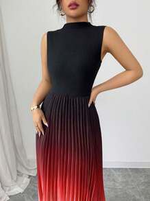 Selianne 女士优雅休闲无袖黑色拼接渐变色褶皱长裙 - 紅色 - 查看 3
