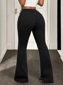 BamGleam Women's Fashionable Casual Sexy Unique Chain & Iron Ring Flare Leg Jeans