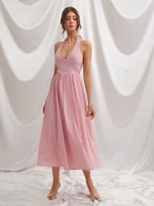 L'Amorae Vestido midi entallado y acampanado con cuello halter para mujer - Rosa - Ver 3