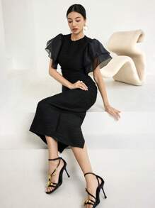 Modelyn Ruffle Sleeve Jacquard Textuur Slanke Jurk Lange Avondjurken