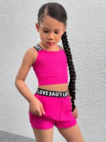 SHEIN 2pcs Young Girl Knitted Solid Color Letter Elastic Cuff Tank Top And Shorts Sports Set - Hot Pink - View 4