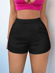 SHEIN SXY 素色高腰短褲 - 黑色 - 查看 3