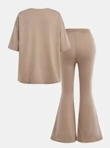 SHEIN Girlism Tween Girls Casual Simple Letter Print Loose Fit Short Sleeve T-Shirt And Flared Pants 2 Pieces Set - Khaki - View 2